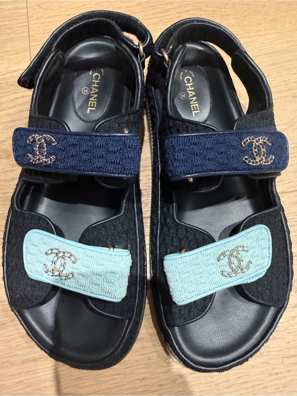 CHANEL Two-Tone CC Patch Velcro Sandals - Navy & Light Blue